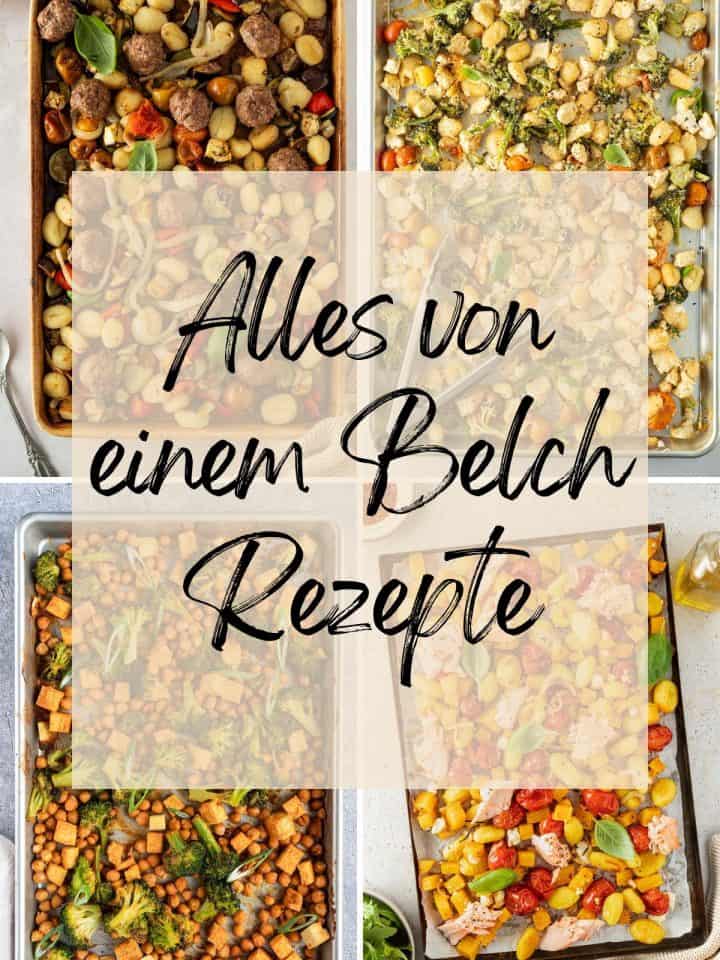 Collage aus vier Bildern von vier unterschiedlichen Ofengerichten vom Blech.