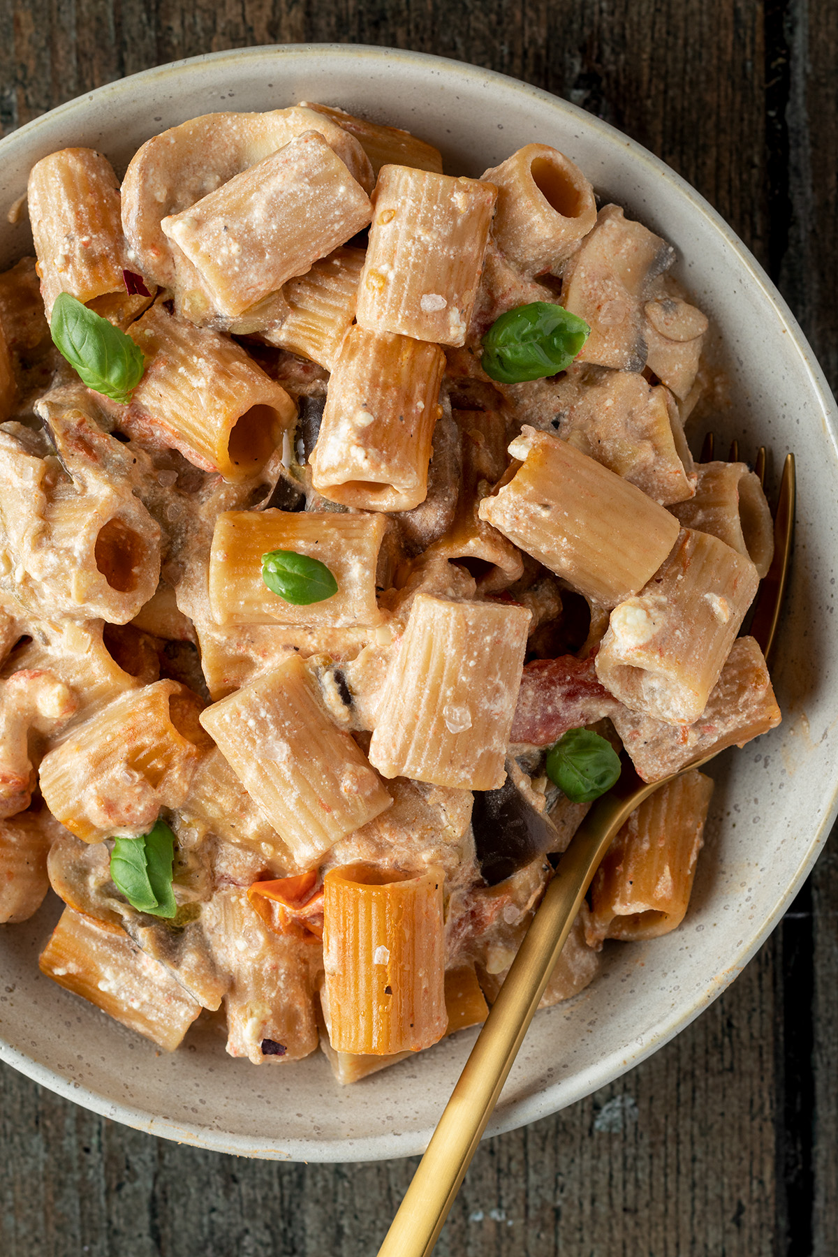 Gesundes Pasta Rezept mit viel Gemüse, cremigen Ricotta Käse serviert mit Vollkorn Rigatoni Nudeln.