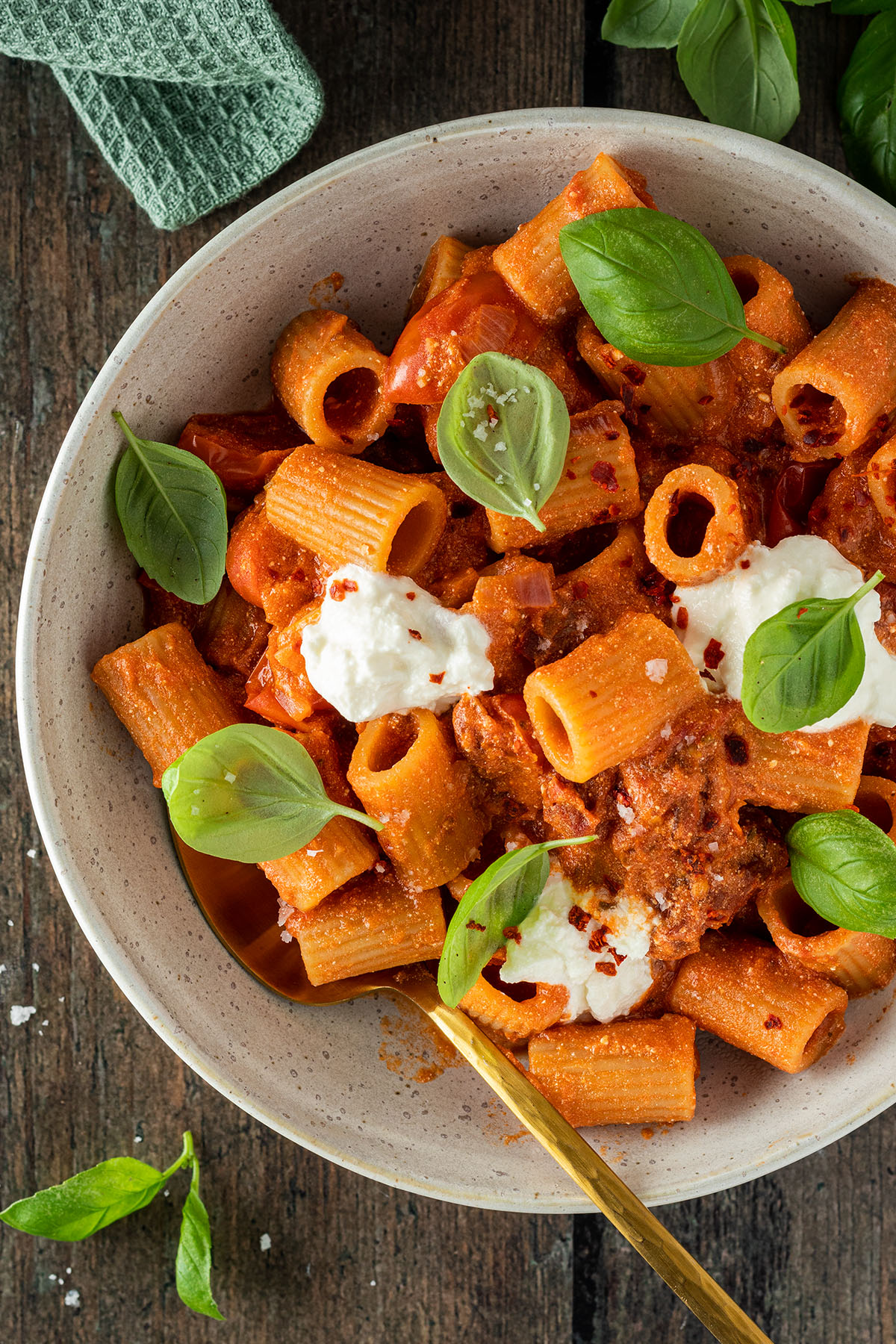 Nahaufnahme von einem Teller Rigatoni in einer cremigen Ricotta-Tomatenso&szlig;e, serviert mit frischem Basilikum und Ricotta.