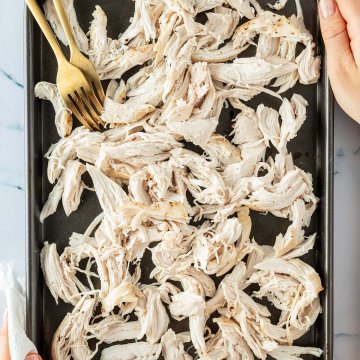 Pulled Chicken auf einem Blech mit zwei Gabeln zwei Hände im Bildrand, die das Blech halten.