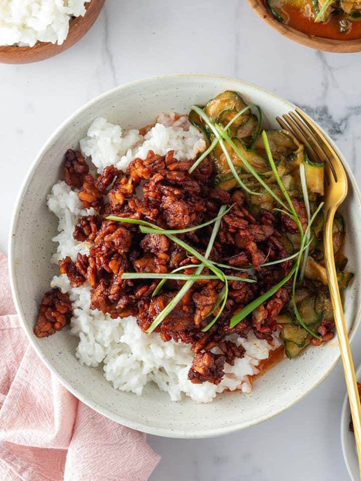 Bowl mit wei&szlig;em Kokosreis, knusprig gebratenem Sticky Tempeh und w&uuml;rzigem Gurkensalat, garniert mit Fr&uuml;hlingszwiebeln und serviert mit einer Gabel.