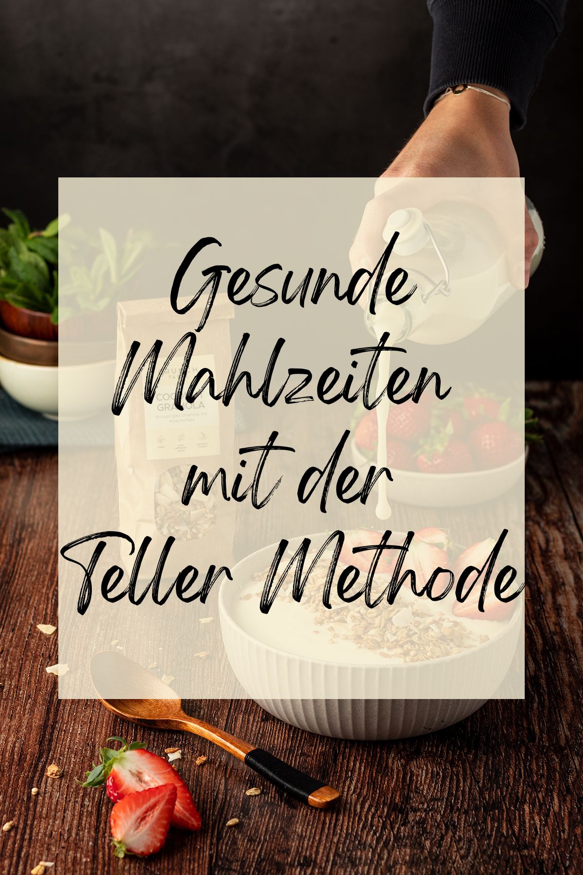 Im Hintergrund ein Foto, wo Milch wird in eine Müslischale gegossen wird, und darüber ein Textfeld mit der Aufschrift "Gesunde Mahlzeiten mit der Teller Methode".