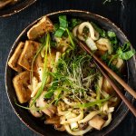 Eine Sch&uuml;ssel mit einer asiatischen Suppe mit dicken Udon Nudeln, Tofu, Pilzen und Gr&uuml;n auf einem dunklen Holztisch. Im Bildrand eine zweite Sch&uuml;ssel und eine Sch&uuml;ssel mit Kresse.