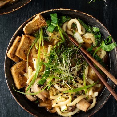 Eine Sch&uuml;ssel mit einer asiatischen Suppe mit dicken Udon Nudeln, Tofu, Pilzen und Gr&uuml;n auf einem dunklen Holztisch. Im Bildrand eine zweite Sch&uuml;ssel und eine Sch&uuml;ssel mit Kresse.